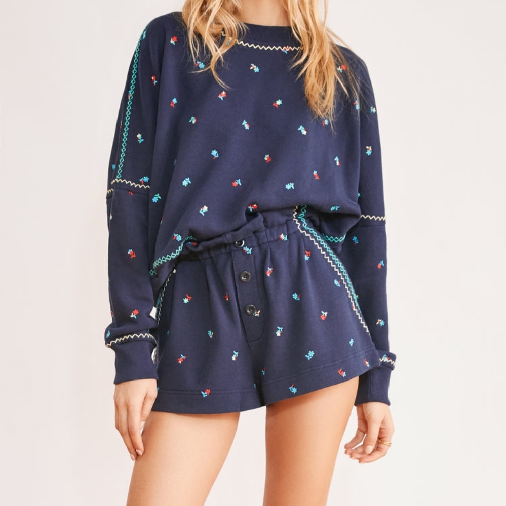 Something navy hazel floral paperbag pull on french terry sweatshorts sz M NWT
